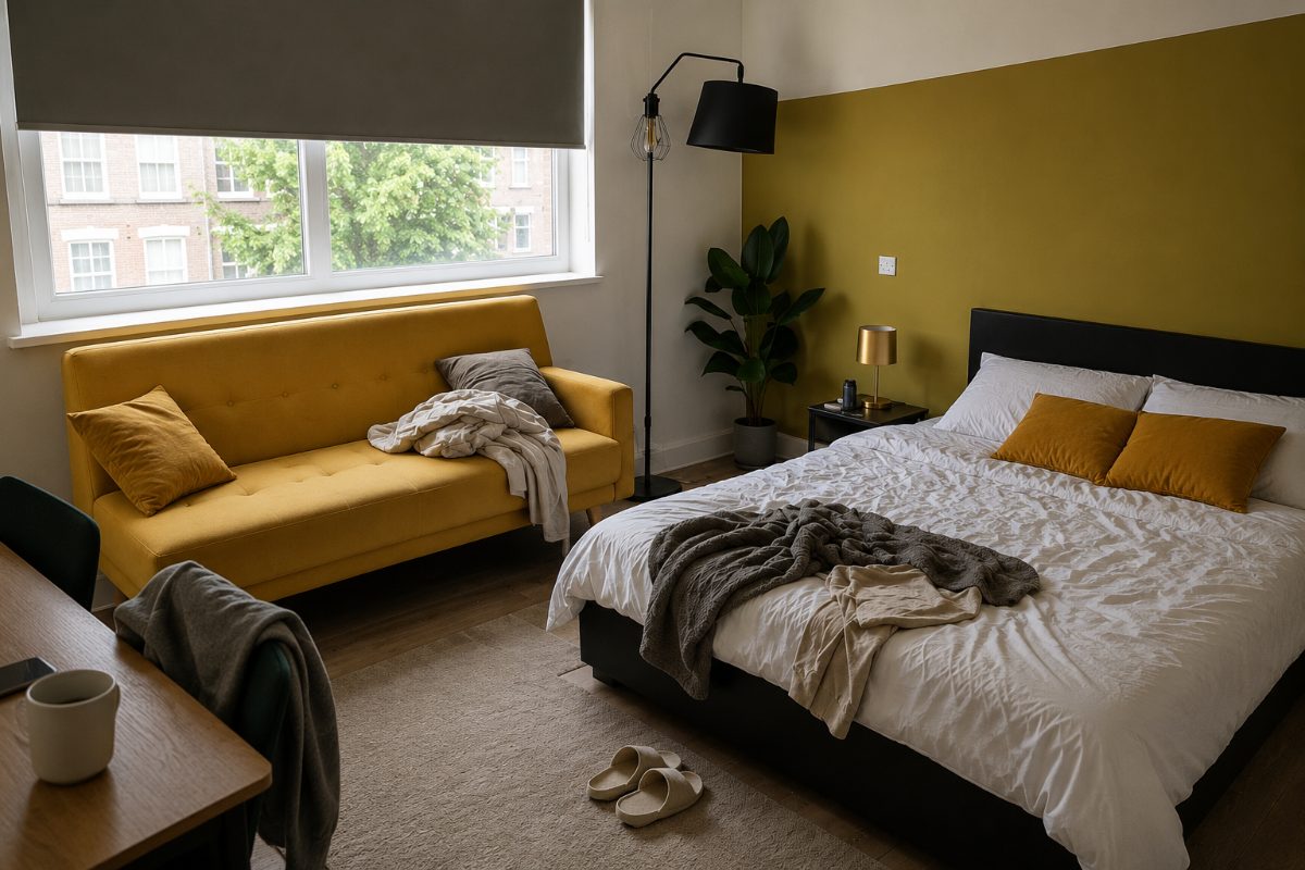 Before: messy, unmade room
